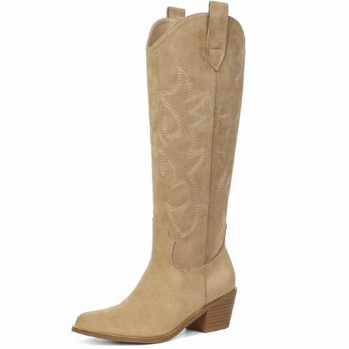 Erocalli Western Cowboy Knee High Wide Calf Cowgirl Boot Pointed Toe Chunky Heel Fashion Classic Pull On Tall Boots | Amazon (US)