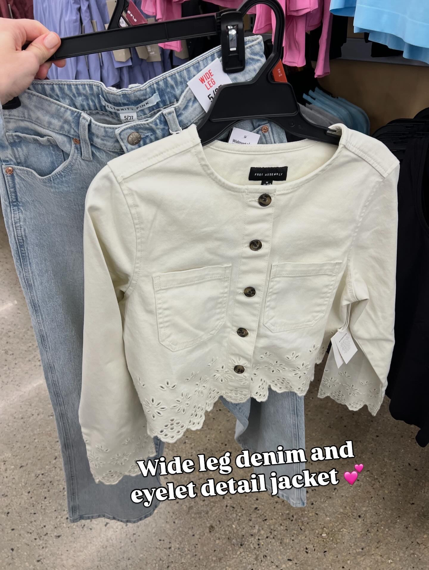 Eyelet detail jacket at Walmart and wide leg jean spring outfit idea