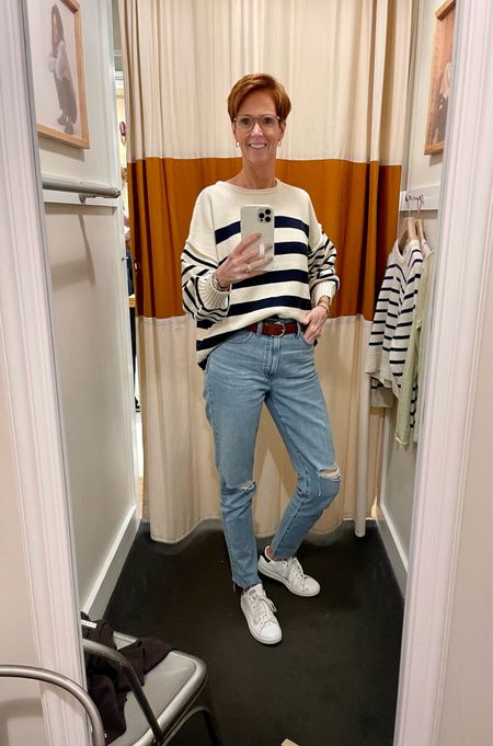 Madewell sweater try on in store also wearing my Perfect Vintage jeans.

Loved this cashmere stripe sweater. Super soft and warm.  

Wearing a size medium in the Madewell striped sweater and wearing a size 29 taller in the Perfect Vintage jeans.

#LTKover40 #LTKstyletip #LTKxMadewell