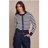 Navy Striped Button Up Compact Knit Cardigan Sweater | PrettyLittleThing IE