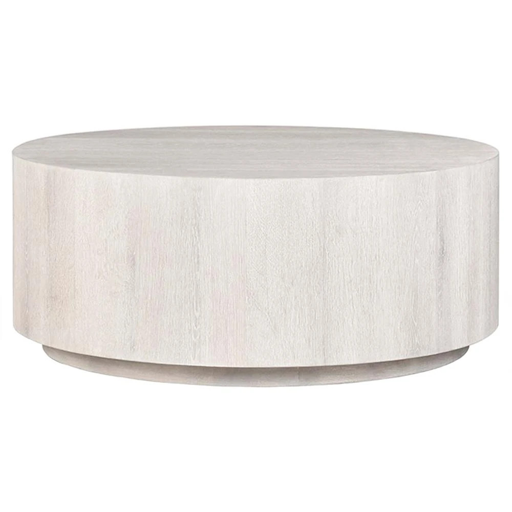 Vincent Rustic Lodge Milk White Oak Round Drum Coffee Table | Kathy Kuo Home