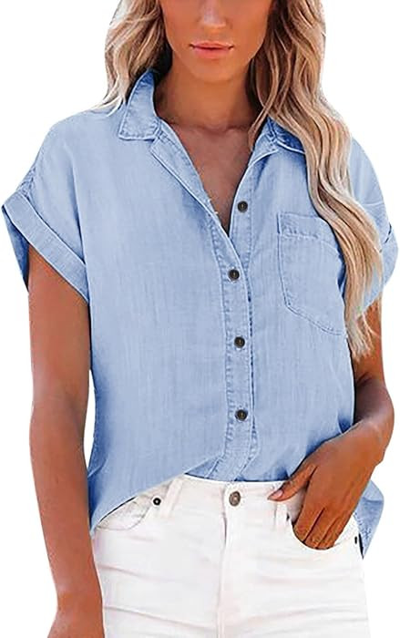 Womens Short Sleeve Denim Shirts Button Down Chambray Jean Western Shirts Summer Loose Casual Sol... | Amazon (US)
