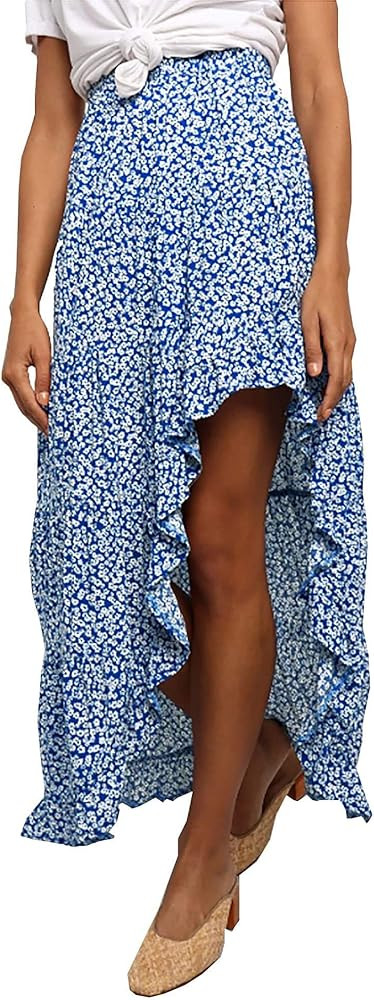 BTFBM Women 2025 Summer Fall Boho Long Skirts Dress Floral Print Elastic Waist Split Ruffle High ... | Amazon (US)