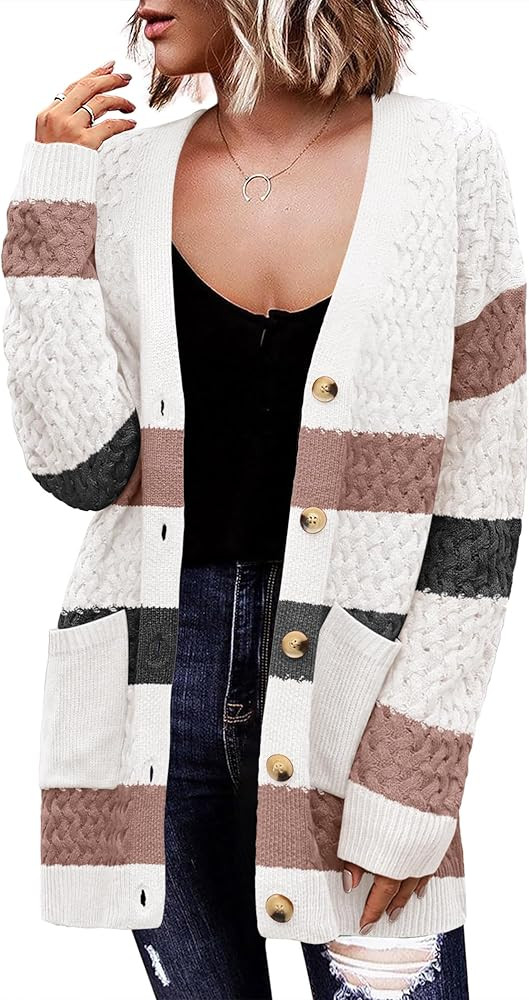 Zeagoo Womens 2024 Long Sleeve Chunky Cable Knit Fall Cardigans Sweaters Button Down Open Front O... | Amazon (US)