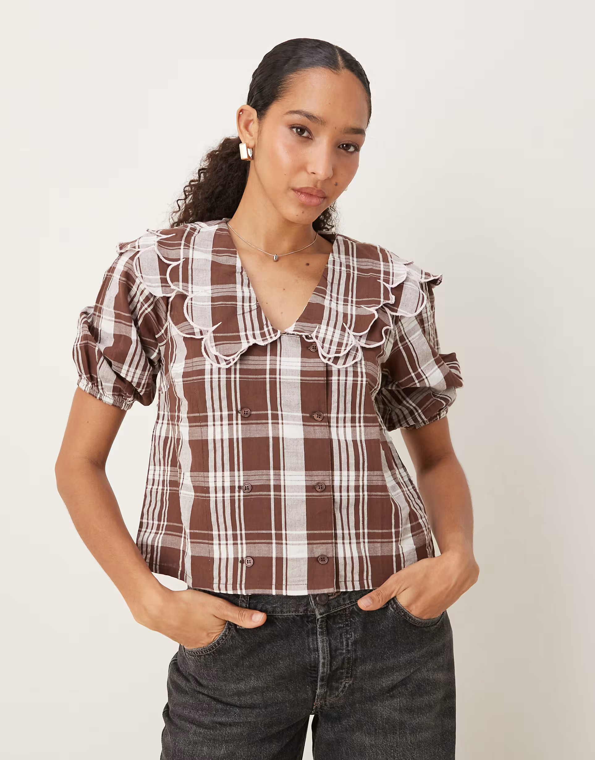 Neon Rose check print scallop collar blouse in beige | ASOS | ASOS (Global)