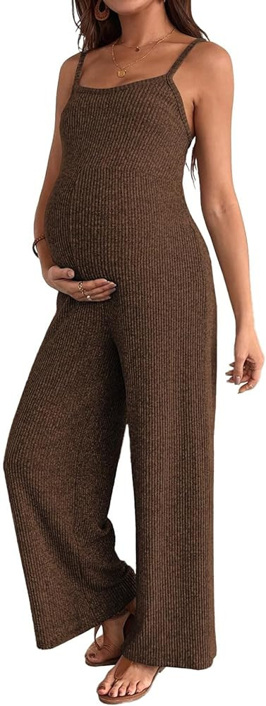 BLENCOT Maternity Ribbed Jumpsuit Sleeveless Square Neck Wide Leg Stretchy One Piece Romper | Amazon (US)