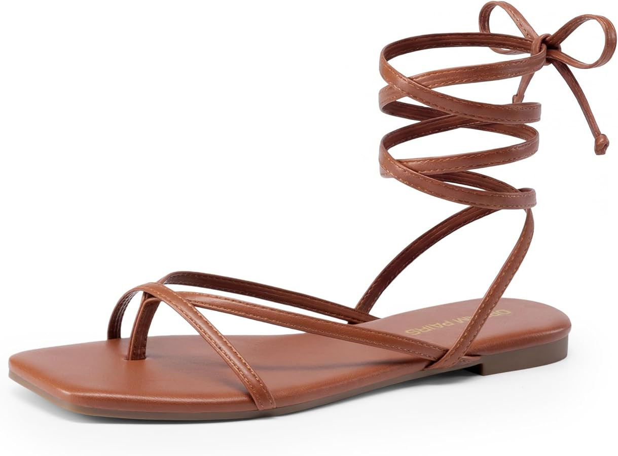 DREAM PAIRS Womens Strappy Flat Sandals - Comfortable Lace Up Gladiator Dressy Sandals, Square To... | Amazon (US)