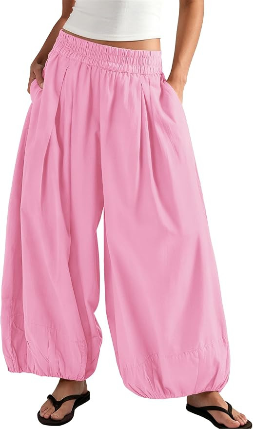 ReachMe Women's Elastic High Waist Wide Leg Balloon Pants | Soft Medium Weight Fabric, Casual Bar... | Amazon (US)