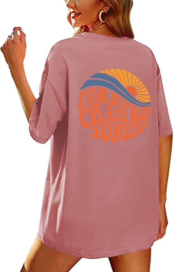 MISSACTIVER Women's Oversized Sun Letter Graphic Print T-Shirts Vintage Short Sleeve Drop Shoulde... | Amazon (US)