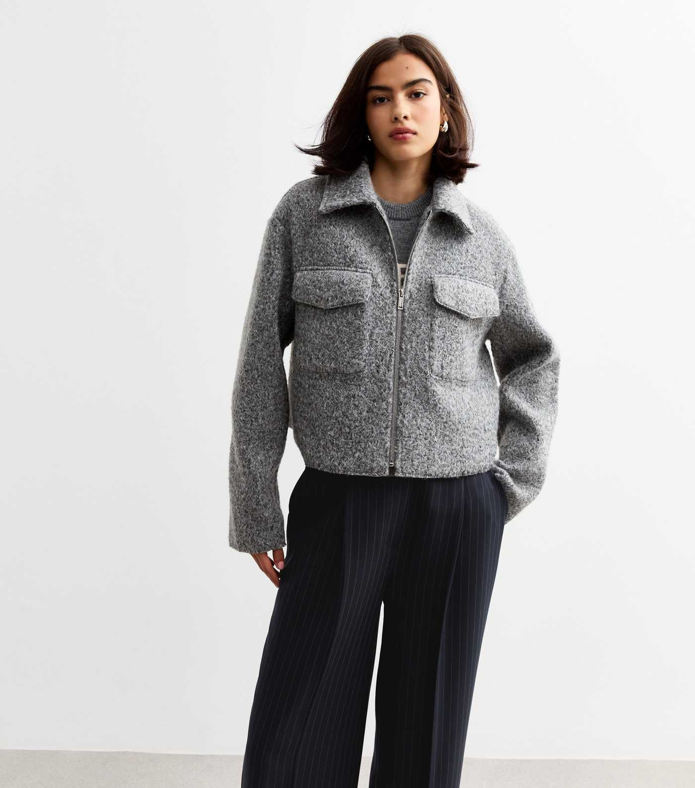 Grey Textured Zip Up Short Jacket  | New Look | New Look (UK)