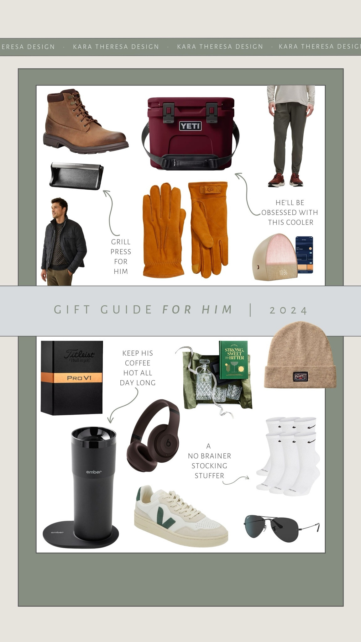 gift guide for him 2024 // #designbykaratheresa 

Ugg biltmore mid boot plain toe, yeti roadie hard cooler, lululemon joggers, grill press, leather tech gloves, hatch alarm clock, whiskey glasses, faherty winter hat, ember travel mug, Nike socks, Veja sneakers, Beats Studio pro, ray ban black aviators 

#LTKGiftGuide #LTKHoliday #LTKMens