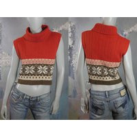 Sleeveless Cropped Knit Turtleneck, 1990S Norwegian Vintage Burnt Orange Brown & Beige Crop Top Swea | Etsy (US)