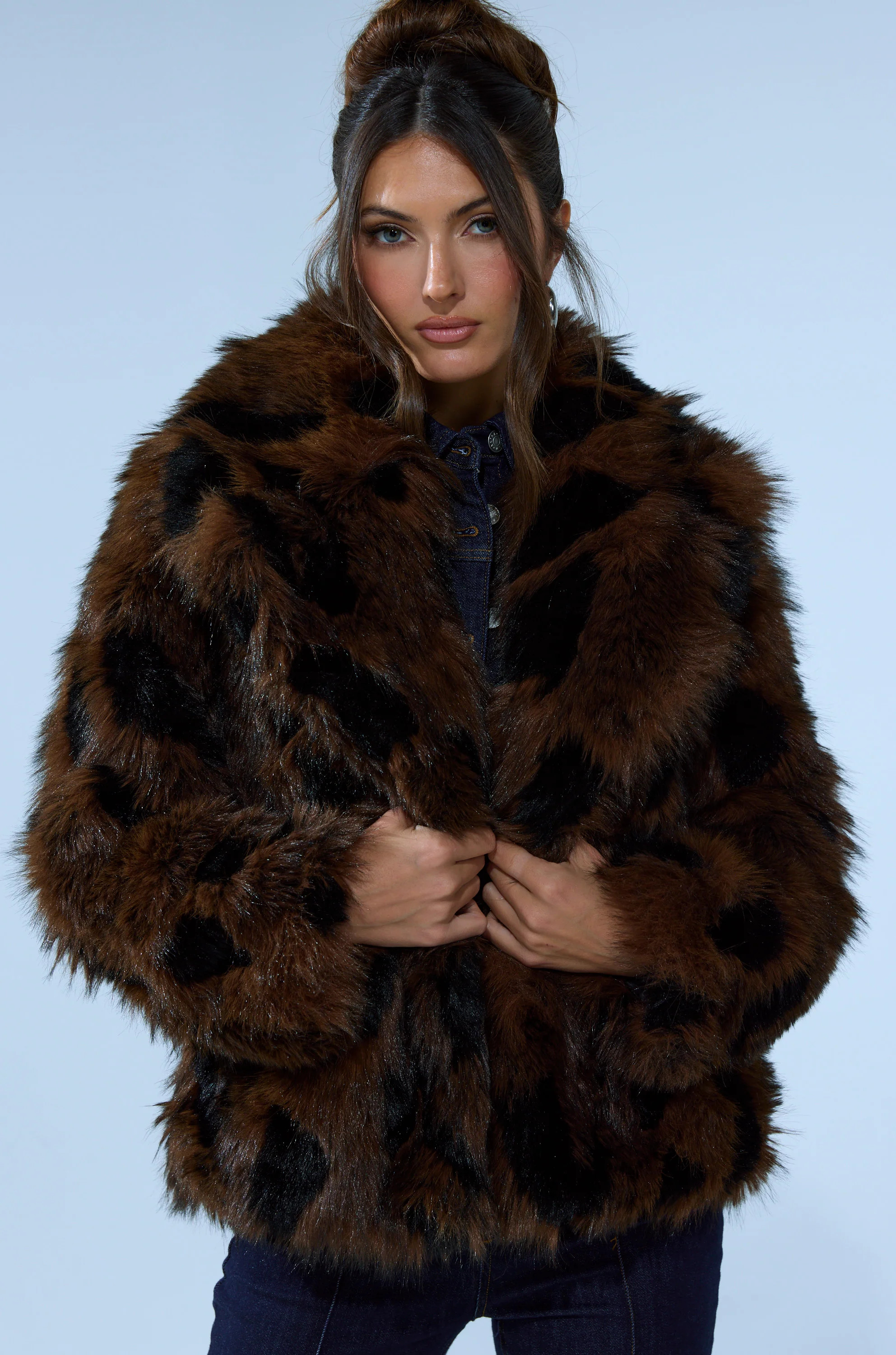SHORTIE FUR COAT IN BROWN MULTI | AKIRA