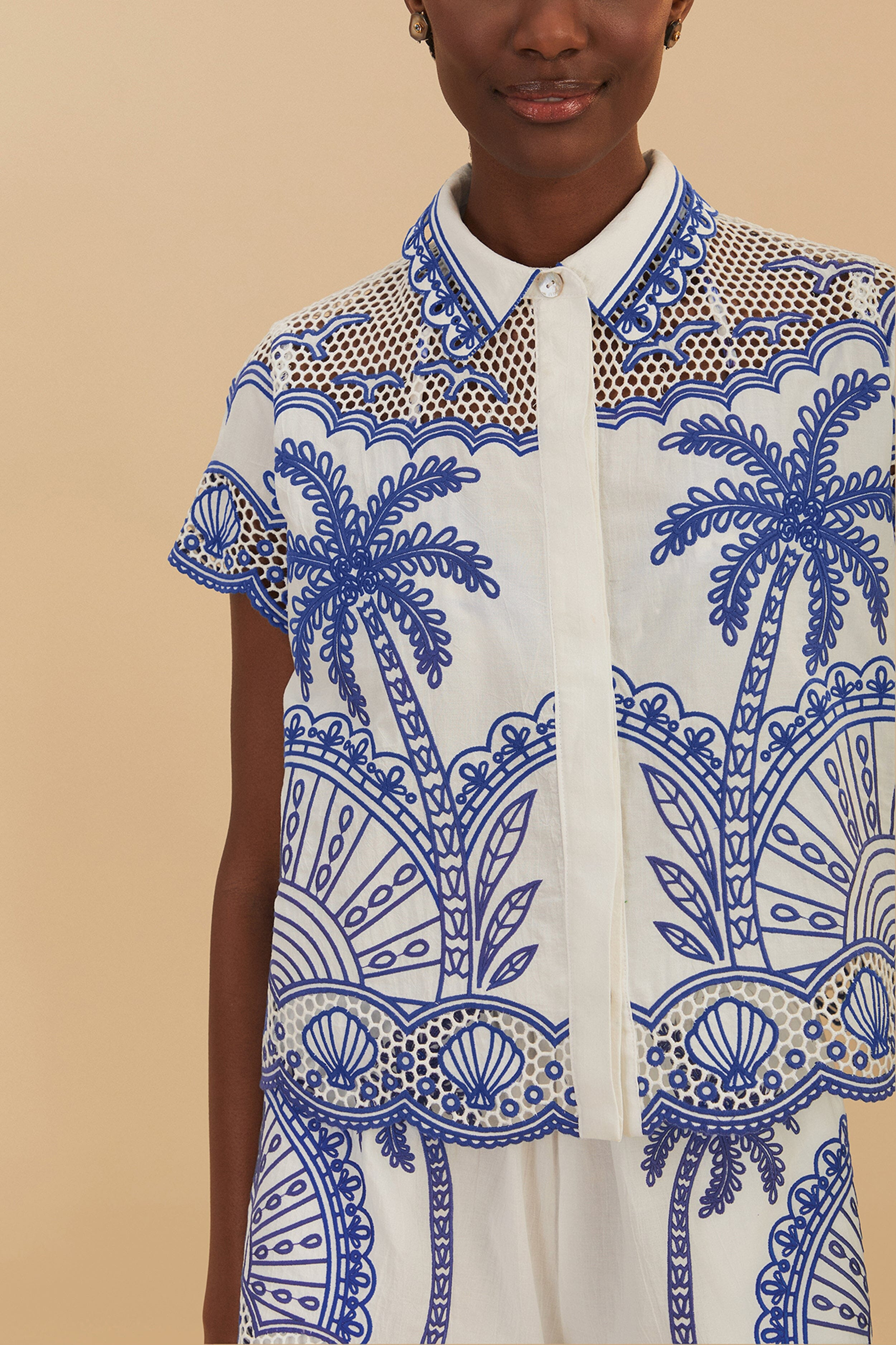 Blue Palm Trees Richelieu Collared Shirt | FarmRio (US)