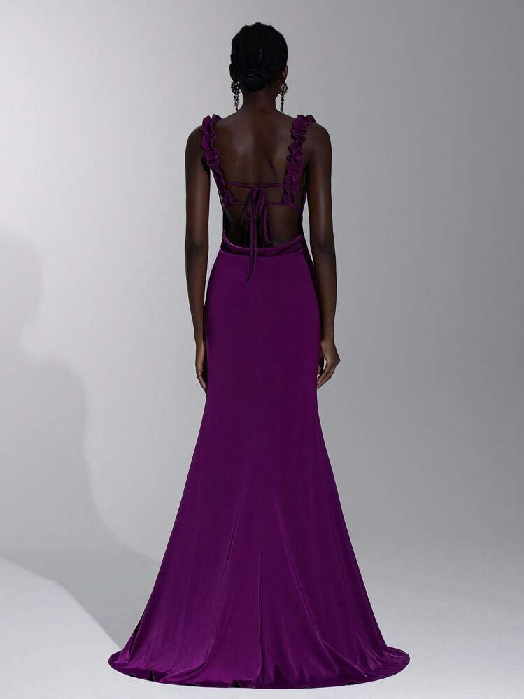 Elitara Elegant And Luxurious Deep Purple Luxurious Satin Lotus Leaf Pleated Decoration Large Backless Sling Peach Heart Neck Tail Skirt With Train, Suitable For Dating, Formal Occasions, Heavy Style, Wedding, Bridesmaid Dress | SHEIN