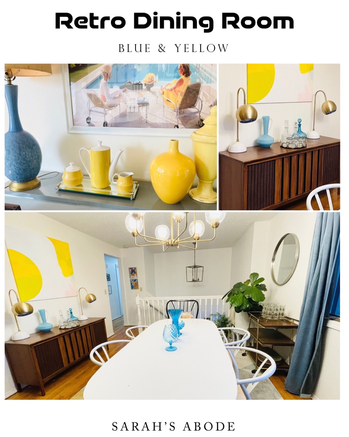 Retro dining room! Mid century modern blue and yellow. 

Slims Aaron art. Mcm lamps. Blue lamps. Modern dining table. Circular mirror. Wishbone chair. Dining chair. Modern gold chandelier  

#LTKSeasonal #LTKStyleTip #LTKHome