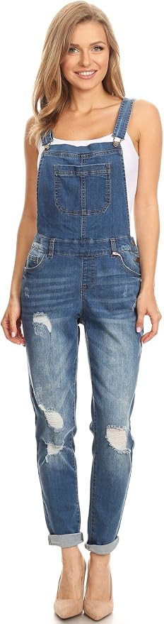wax jean Women's Junior Ankle Length Skinny Leg Distressed Denim Overalls | Amazon (US)
