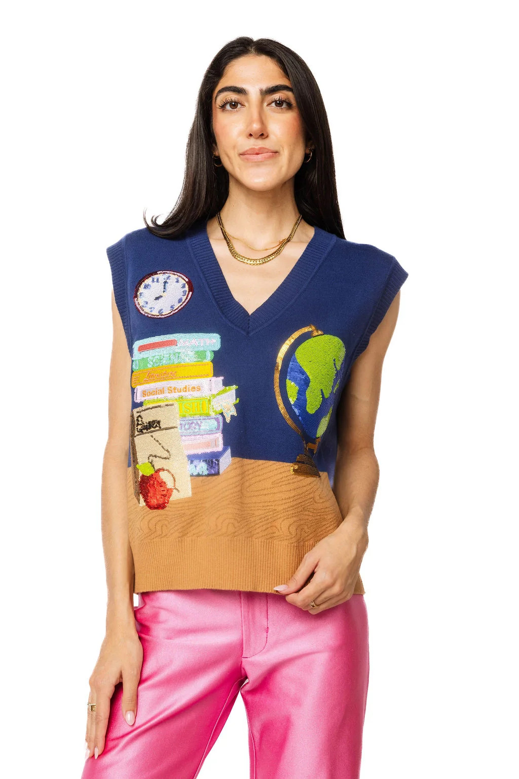 Navy Multi Books & Globe V Neck Knit Tank | Queen of Sparkles
