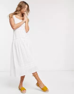 ASOS DESIGN sleeveless lace insert midi dress with dropped waist in white | ASOS (Global)