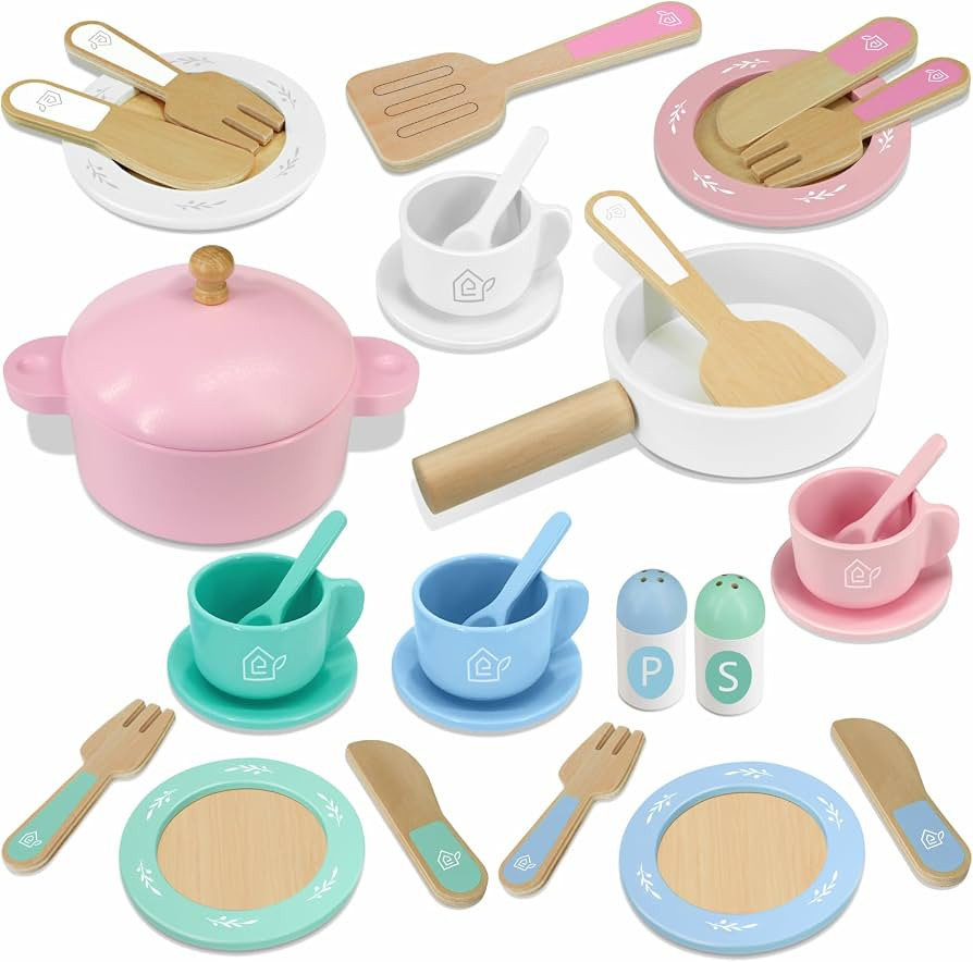SimpliPlay Wooden Toy Plates and Dishes for Kitchen Set, 30PCS Montessori Play Kitchen Accessorie... | Amazon (US)