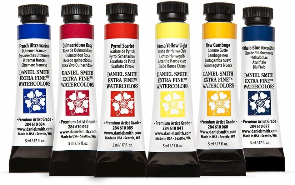 DANIEL SMITH 285610005 Extra Fine Essentials Introductory Watercolor, 6 Tubes, 5ml, Blue/Transparent/Yellow, 0.17 Fl Oz (Pack of 6) | Amazon (US)