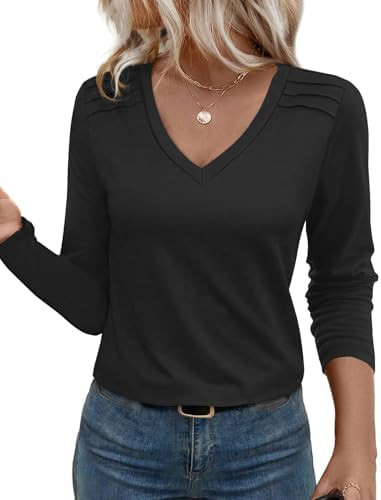 JUSTFASHIONNOW Pleated Long Sleeve Shirts for Women V Neck Dressy Casual Business Blouses Fall To... | Amazon (US)