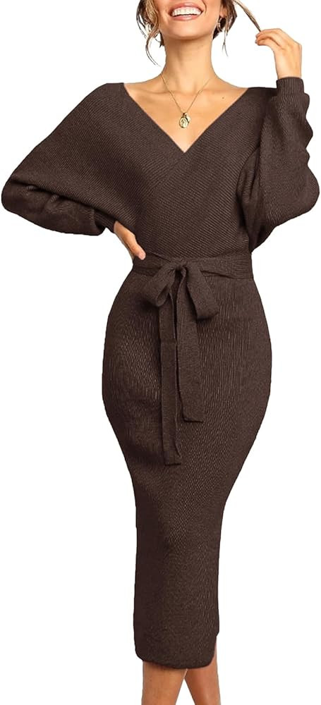 Chang Yun Women's Long Maxi Sweater Dresses Sexy Wrap Batwing V Neck Slit Open Back Holiday Bodyc... | Amazon (US)