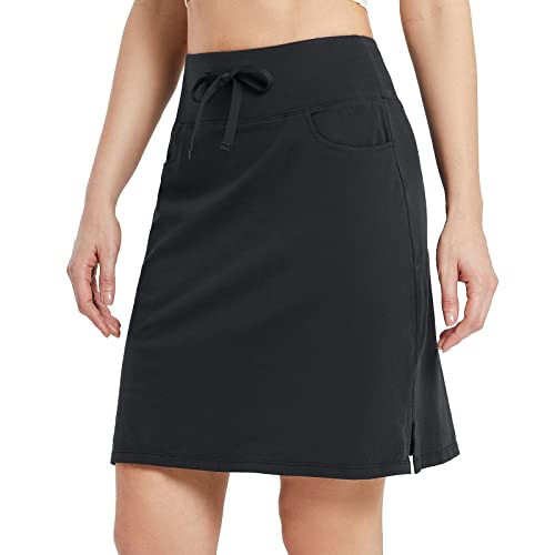 baleaf Women's Skorts Skirts 20" Knee Length Cotton Casual High Waist Drawstring Modest Golf Skort with Pocket Black XL | Amazon (US)