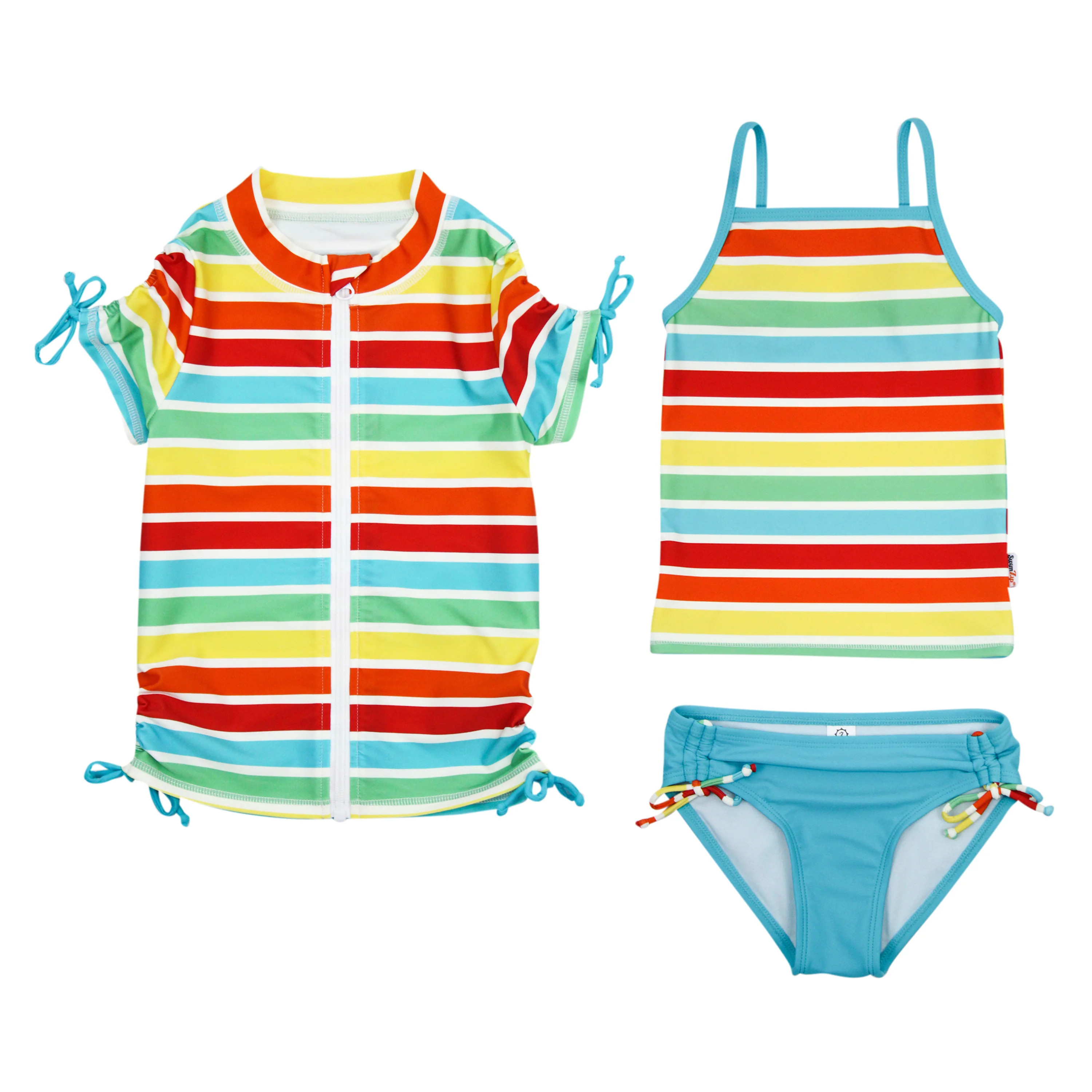 Girls Short Sleeve Rash Guard with Tankini + Bikini Bottoms Set (3 Piece) | "Rainbow" | SwimZip