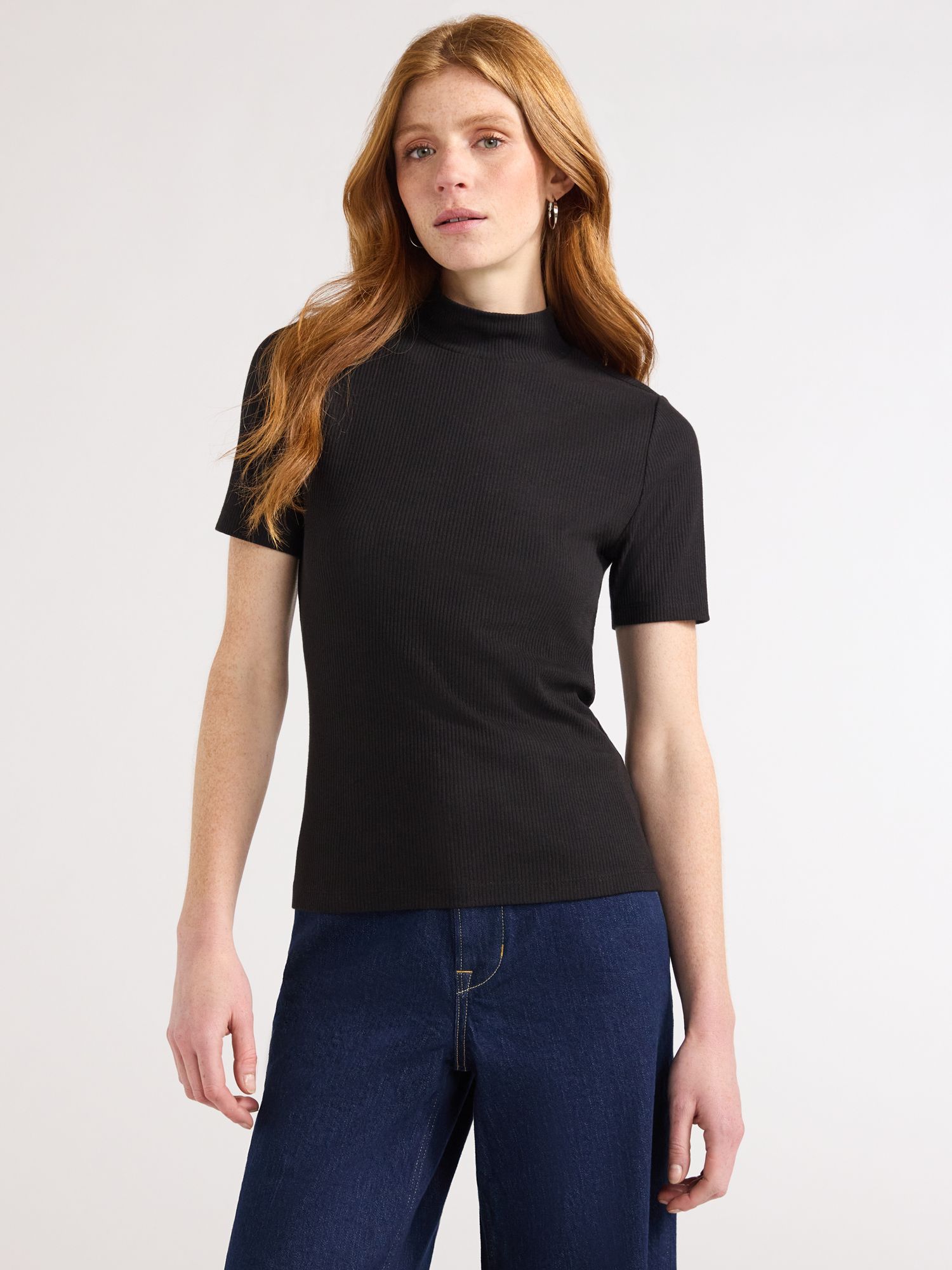 Free Assembly Women's Ribbed Mock Neck Top with Short Sleeves, Sizes XS-XXL | Walmart (US)