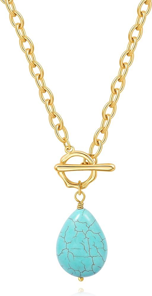 POTESSA 18K Gold Plated Pendant Necklace Medallion Coin Y Style Link Thick Chain Toggle Layering ... | Amazon (US)