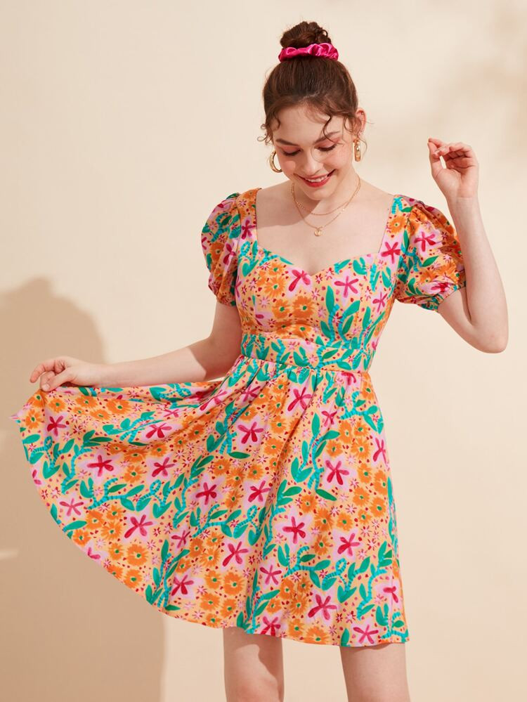 SHEIN X KelleyDillon Allover Floral Print Puff Sleeve Tied Backless Dress | SHEIN