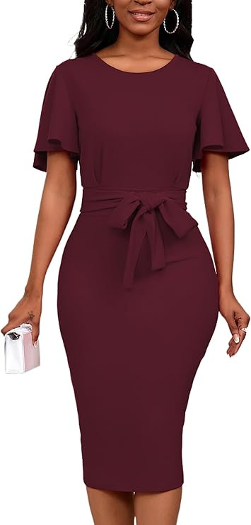 Yajedo Women's Bodycon Midi Dresses Crewneck Ruffle Sleeve Work Business Cocktail Party Pencil Dr... | Amazon (US)