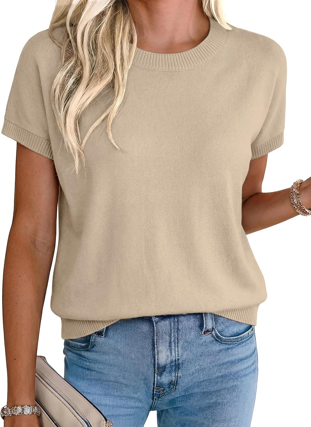 Totatuit Short Sleeve Sweaters for Womens Summer Crew Neck Knit Sweater Shirts Business Casual Work Tops 2026 Spring Outfits | Amazon (US)