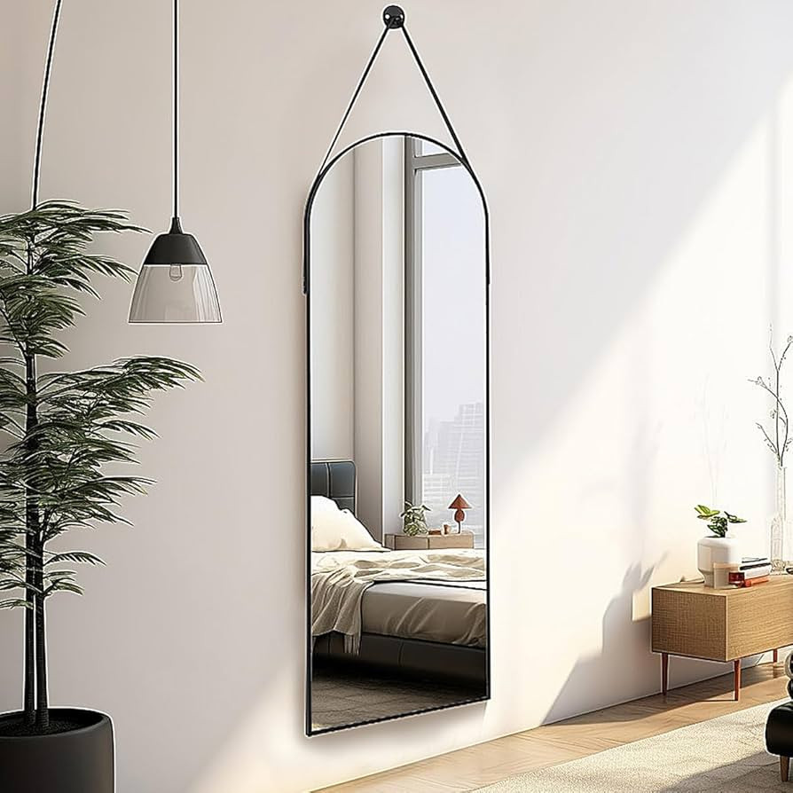 16"x48" Arched Mirror, Wall Mirror, Hanging Mirrors with Leather Strap, Full Length Mirror, Wall Mounted Arch Mirror, for Living Room, Bathroom, Bedroom, Entryway -Black | Amazon (US)
