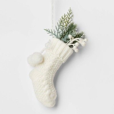 Knit Stocking with Faux Greenery Christmas Tree Ornament White - Wondershop™ | Target