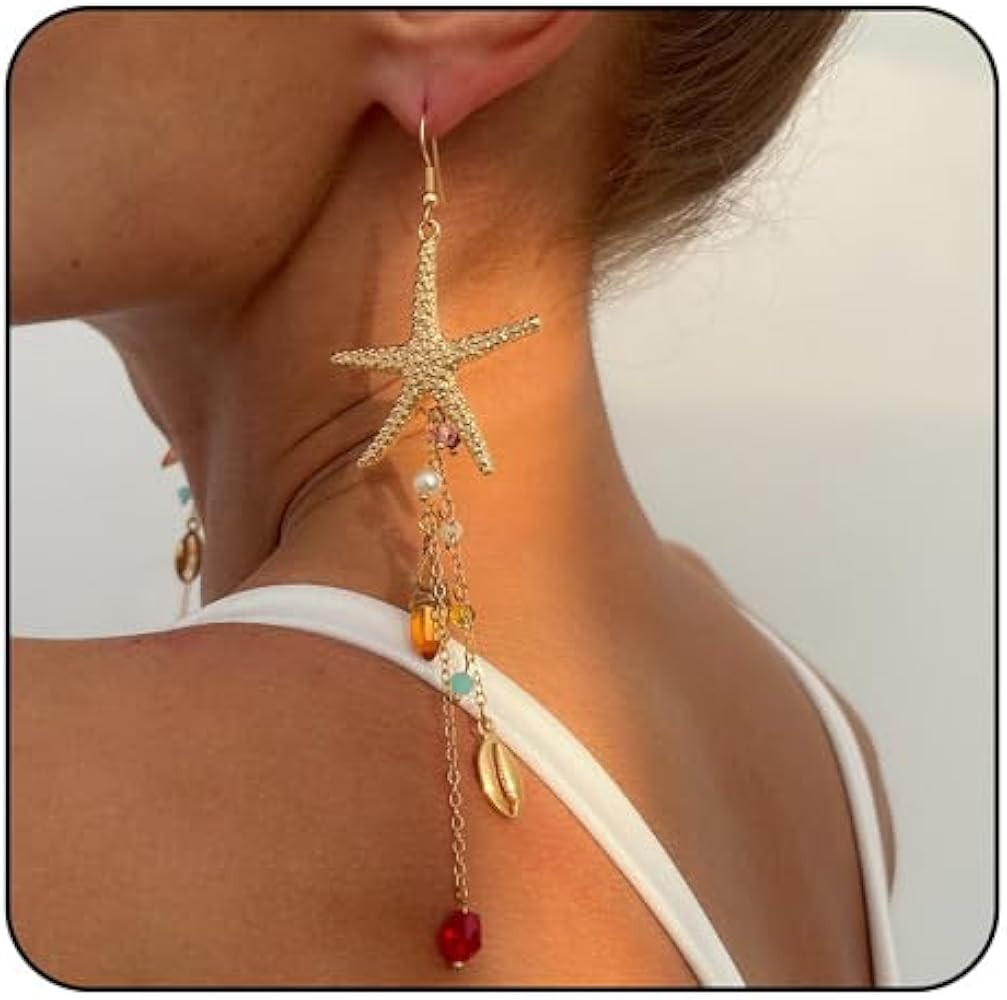 Starfish Tassel Dangle Earrings for Women Jellyfish Earrings Beach Long Dangle Drop Earring Summe... | Amazon (US)