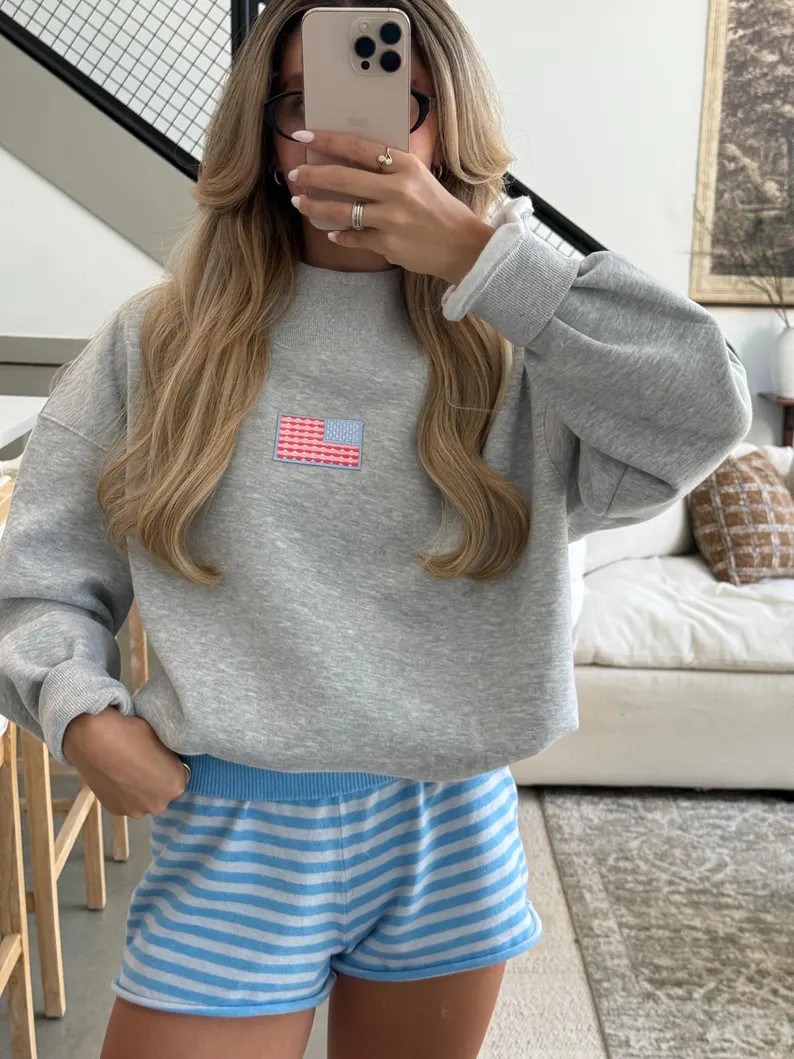 Pastel Flag Mock Neck Sweatshirt | Embroidered American Flag Patch Sweatshirt | Coastal Americana... | Etsy (Global)
