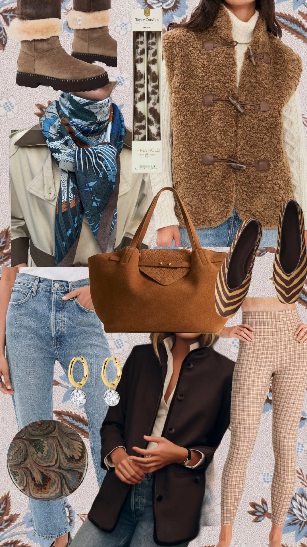 Love list! Your most purchased items this week! 

* Taupe suede shearling-lined ankle boots
* Brown floral taper candles — Threshold
* Camel teddy/faux-shearling toggle vest
* Blue printed silk scarf
* Ivory trench coat with contrast brown collar
* Medium-wash straight-leg jeans
* Cognac suede tote bag with woven leather detail
* Zebra-print pointed-toe flats
* Gold hoop earrings with crystal drops
* Chocolate brown collarless button-front jacket
* Neutral plaid ankle pants
* Vintage-inspired decorative bowl


Fall finds I’m loving 🤎🍂 Rich chocolate brown, camel suede, classic denim, a pretty silk scarf + a little animal print—the perfect mix of timeless fall staples and elevated details for your wardrobe and home.

Hashtags:
#LTKFall #LTKStyleTip #LTKSeasonal #FallFashion #FallStyle #FallOutfits #FallFinds #ClassicStyle #GrandmillennialStyle #TraditionalStyle #PreppyStyle #FallHomeDecor #FallDecor #BrownForFall #TheBrokeBrooke