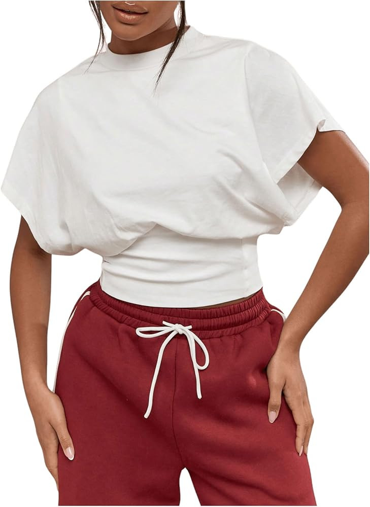 GORGLITTER Women's Dolman Short Sleeve Crop Tops Ruched Crew Neck Casual Going Out Tops | Amazon (US)