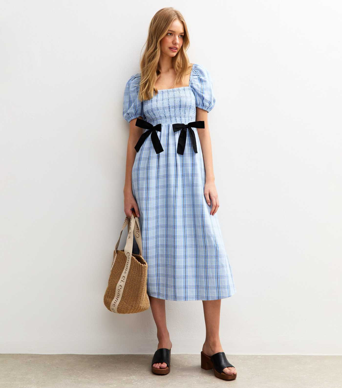 Blue Gingham Check Bow Front Midi Dress | New Look | New Look (UK)