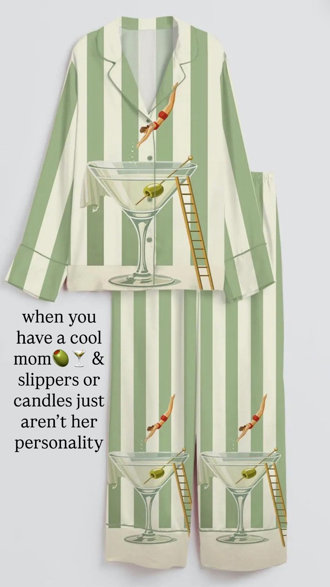 For the mom who has everything... except boring taste 🫒🍸
When you know, you know. My mom is fun, stylish, and just the right amount of extra so a basic gift was never an option. These martini print
PJs are SO her.  Unique, chic, a little unexpected. aka the perfect Mother's Day gift for the mom who deserves more than candles and slippers.
#MothersDayGift #GiftIdeasForMom
#CoolMomEnergy #LTKFinds
#UniqueGifts #PajamaStyle

#LTKmomlife #LTKOver40 #LTKMothersDay