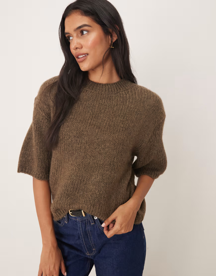 JDY short sleeve knitted jumper in light brown | ASOS (Global)