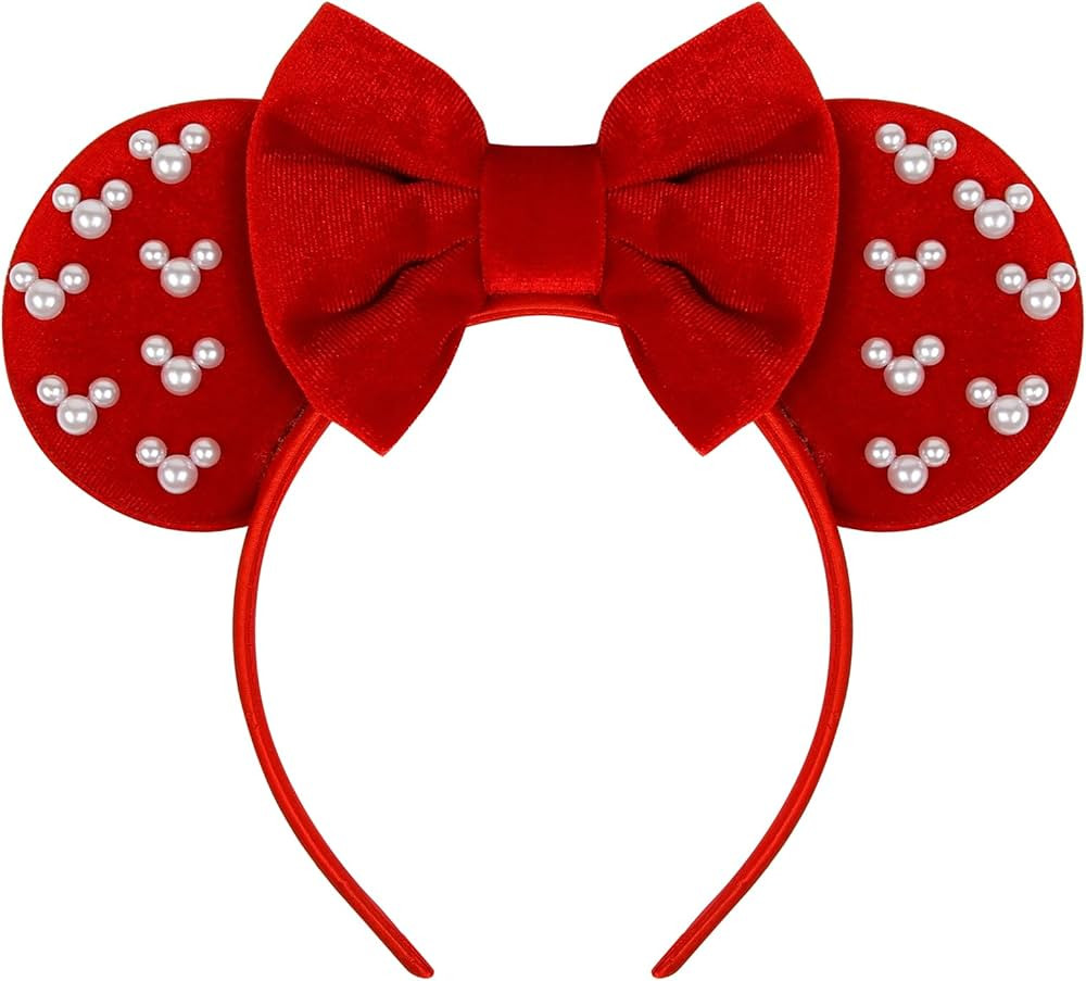 WOVOWOVO Mouse Ears Headbands for Women Red Bow Pearl Hairbands Velvet Headband Hair Accessories | Amazon (US)