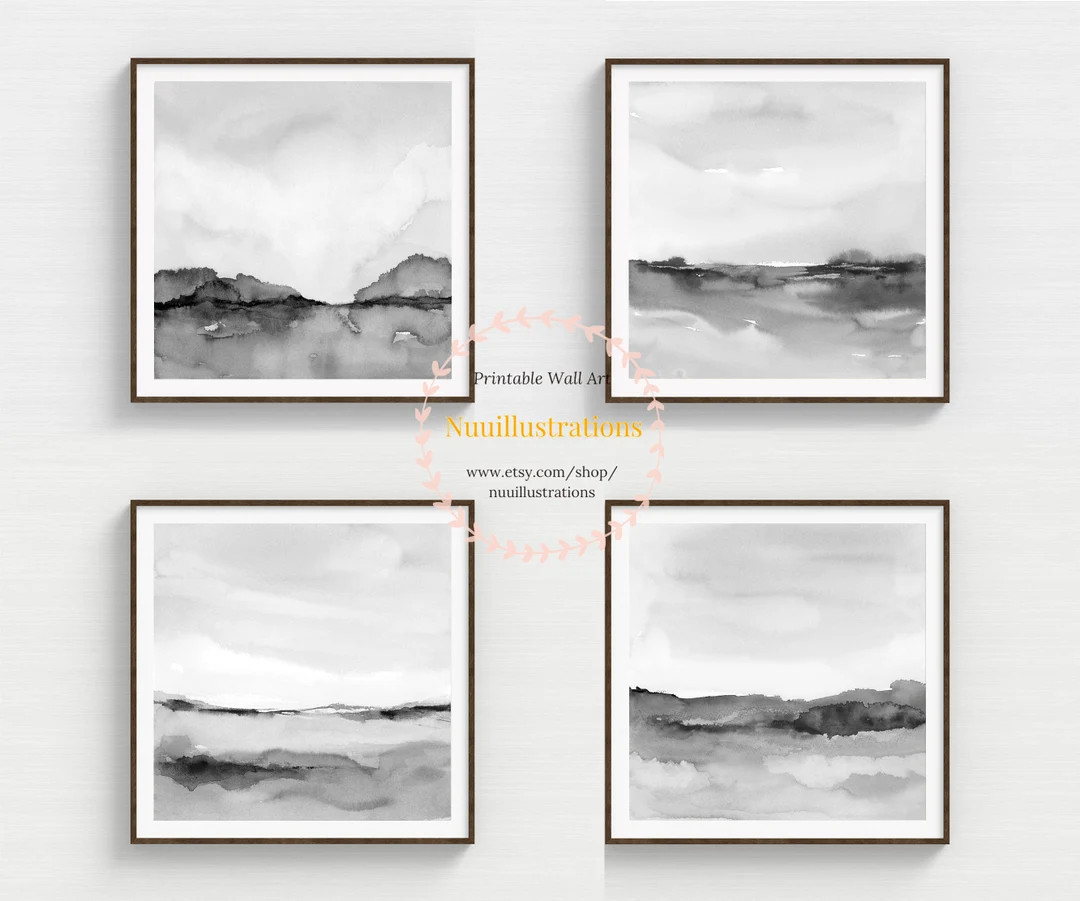 Watercolor Landscape Print Set of 4 Printable Black and White Wall Art Downloadable Minimal Abstr... | Etsy (US)