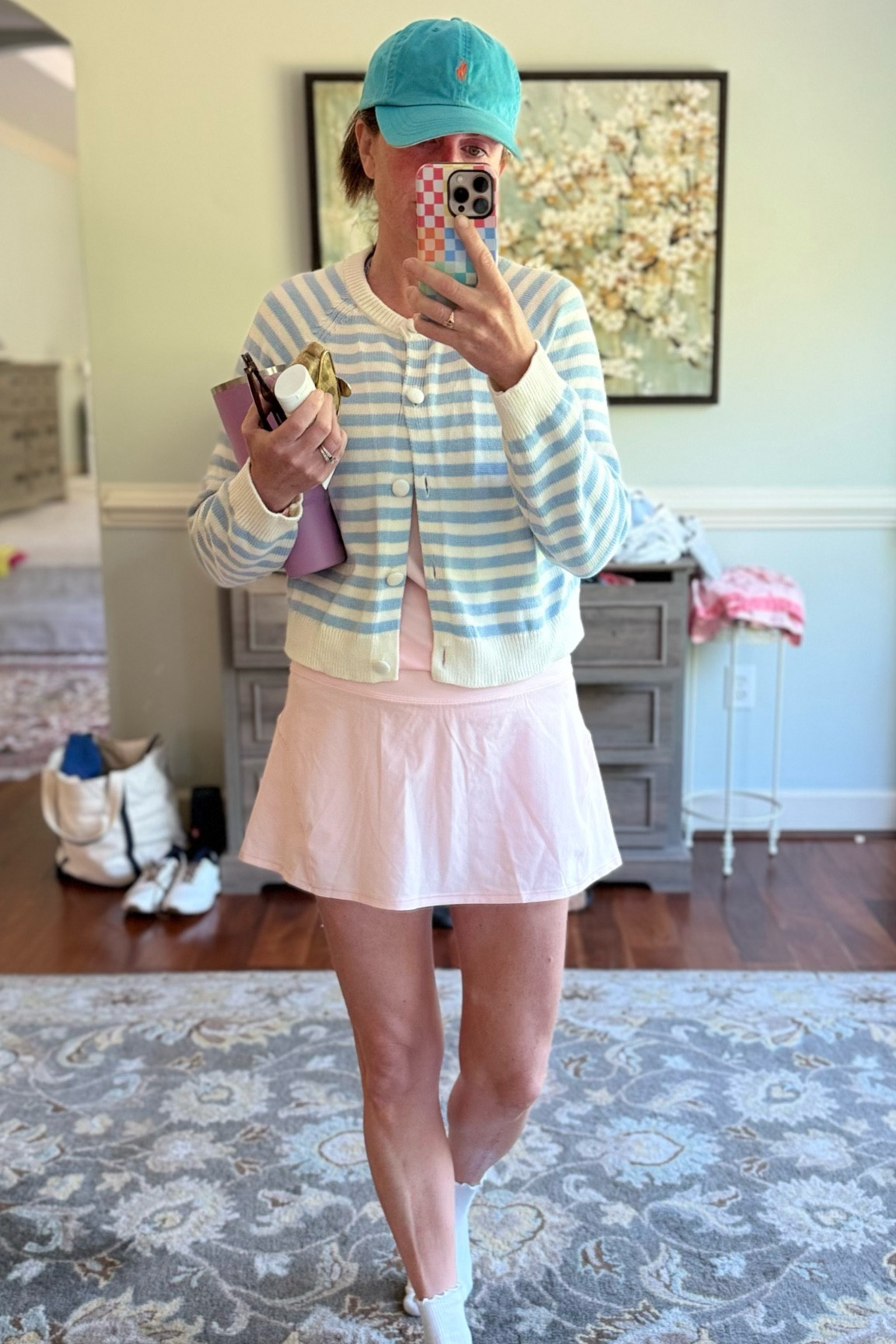 Tennis outfit cool spring days blue and white cardigan all pink golf ootd 