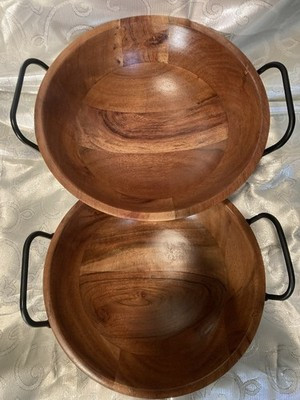 2 Wood Bowls Modern Farmhouse  With Metal Handles Beautiful Strong Arjun Wood | eBay US