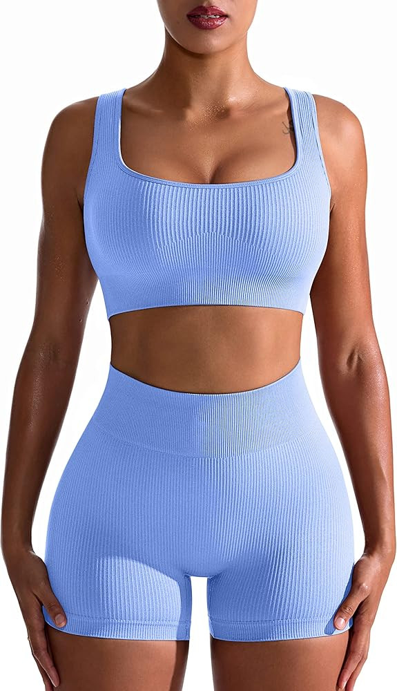 OQQ Workout Outfits for Women 2 Piece Seamless Ribbed High Waist Leggings with Sports Bra Exercise S | Amazon (US)