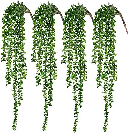 CEWOR 4pcs Artificial Succulents Hanging Plants Fake String of Pearls for Wall Home Garden Decor ... | Amazon (US)