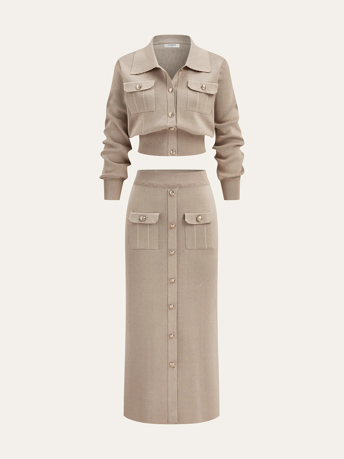 Metal Button Collared Cardigan and Midi Skirt Set | Commense
